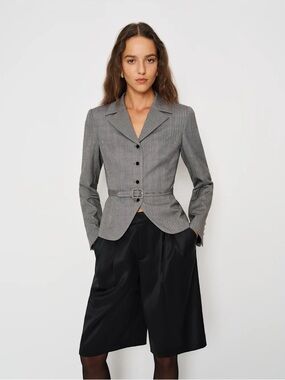 Reformation Gray Belted Notch-Lapel Blazer
